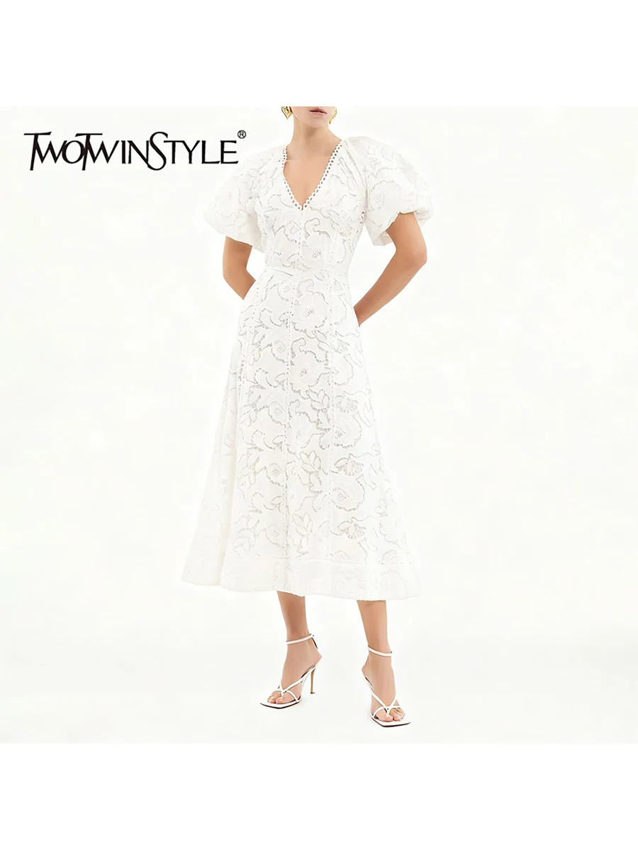 TWOTWINSTYLE Solid Slimming Spliced Embroidery Elegant Dresses for Women V Neck Short Sleeves Minimalist Long Dress Female New