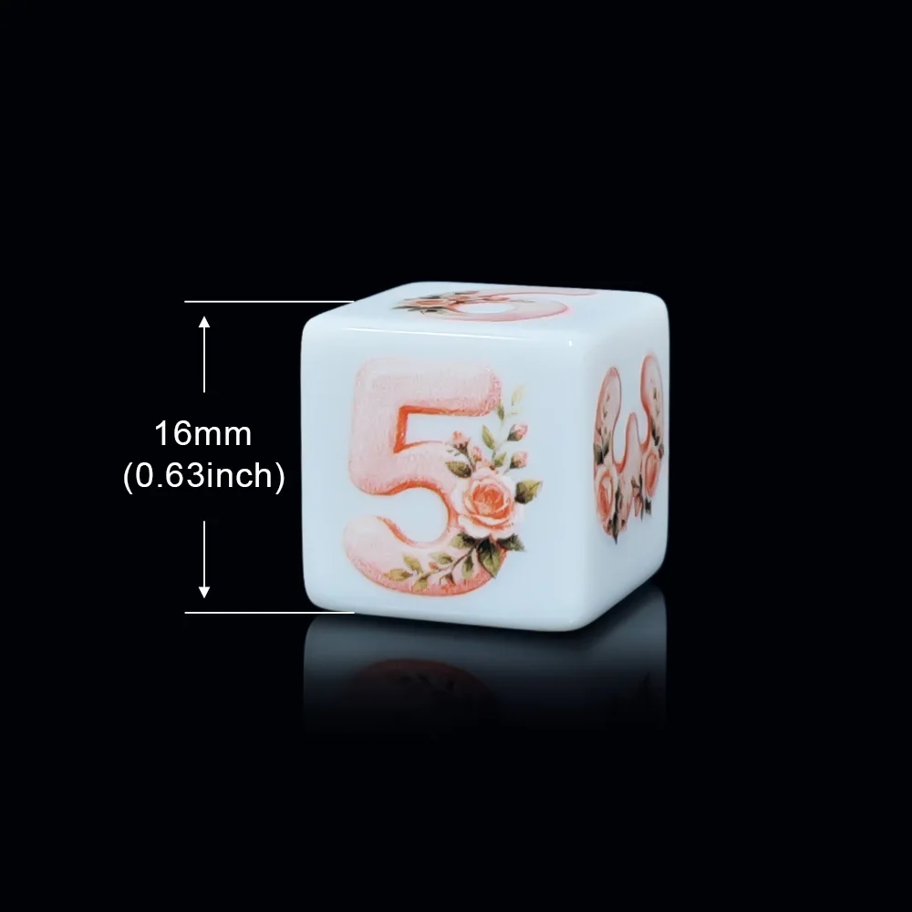 12Pcs 16MM D6 Printed Dice White 6Sided Watercolor Pink Rose Floral Print DND Tabletop Game Wedding Bridal Party Decor Gift Dice view 5