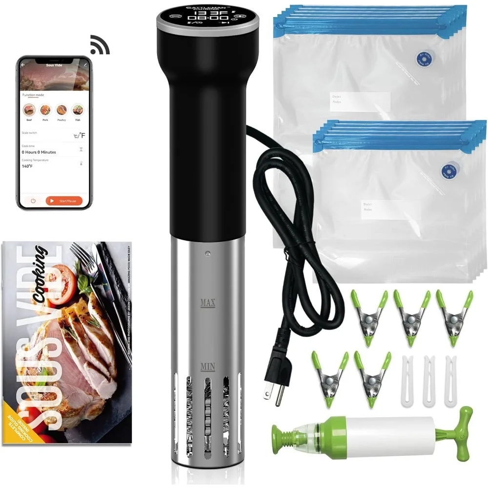 Sous Vide Machine Wi-Fi, Sous Vide Cooker, Immersion Circulator, Suvee Cooker Kit with 30 Vacuum Bags, Vacuum Pump, Cookbook