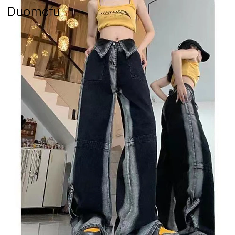 Duomofu celana Jeans wanita, celana Denim kasual tabung lurus pinggang tinggi longgar gaya uniseks musim panas