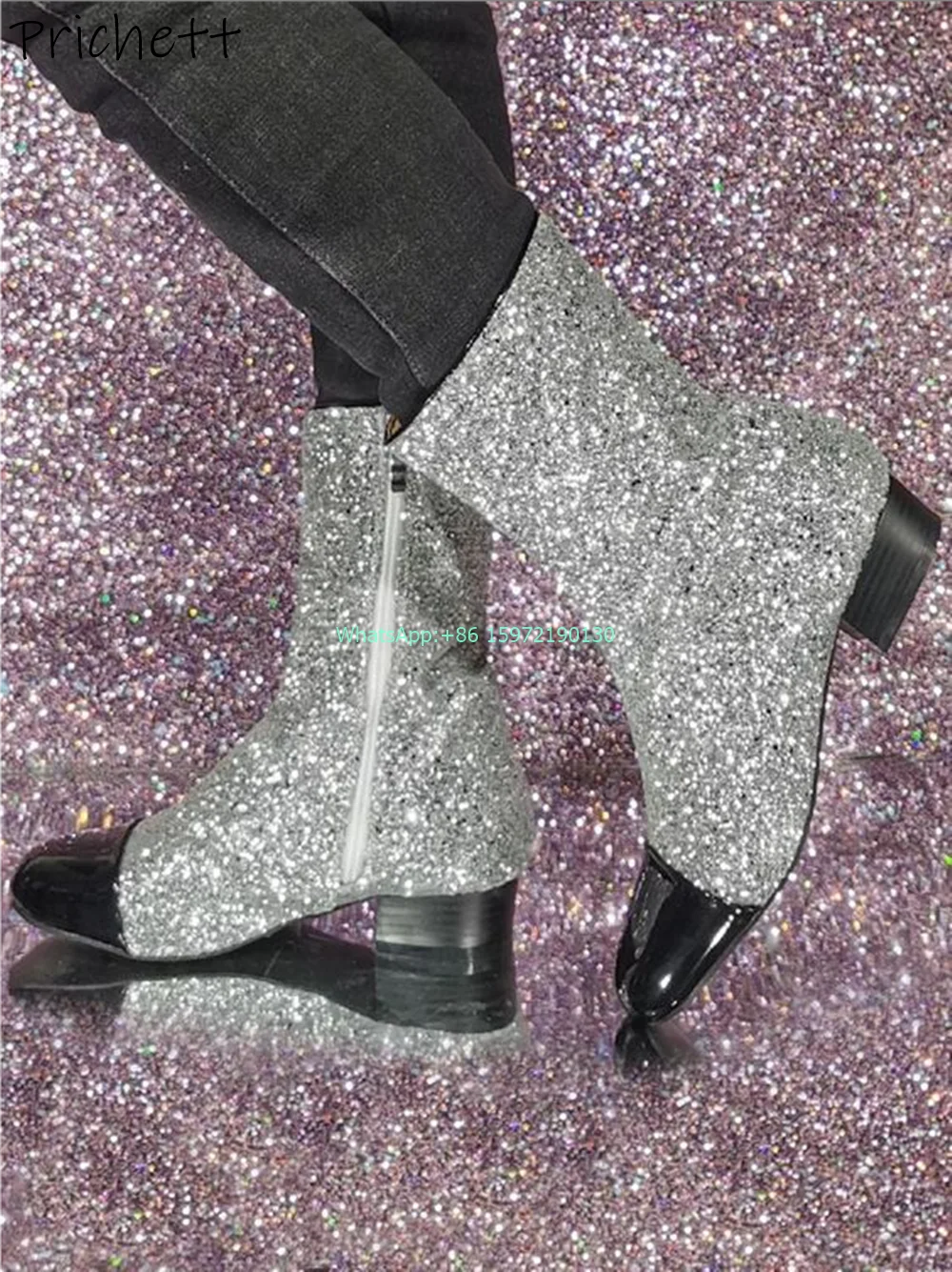 Black Bling Silvery Mid Calf Boots Round Toe Chunky Heels Slip On Leisure Shoes Fashion Women's Street Photo Shiny Shoes