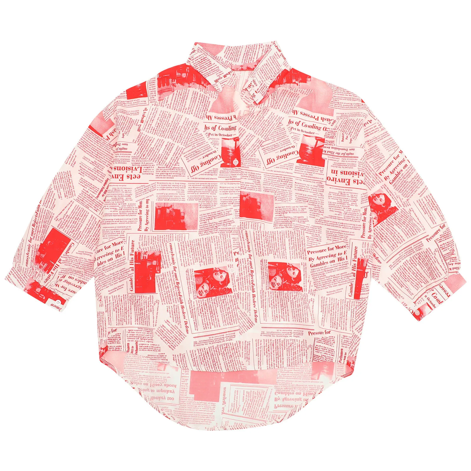 

Women Fashion Newspaper Print Shirt Red Size M Single-Breasted Lapel Long Sleeve Blouse Summer Spring Casual Work Party Tops