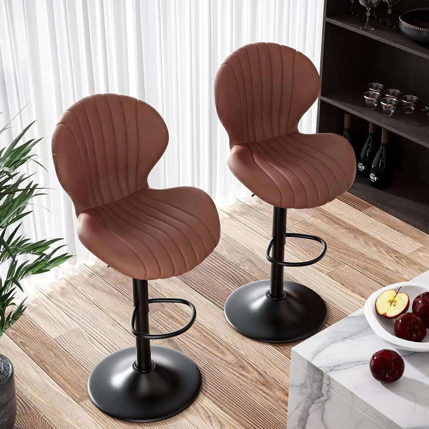 Modern Bar Stools Set of 2, Adjustable Fabric Upholstered Swivel Bar Chairs, Counter Height Barstools with High Backrest, for Ba view 3