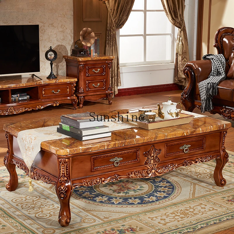 

European solid wood carving flower coffee table living room marble retro rectangular tea table