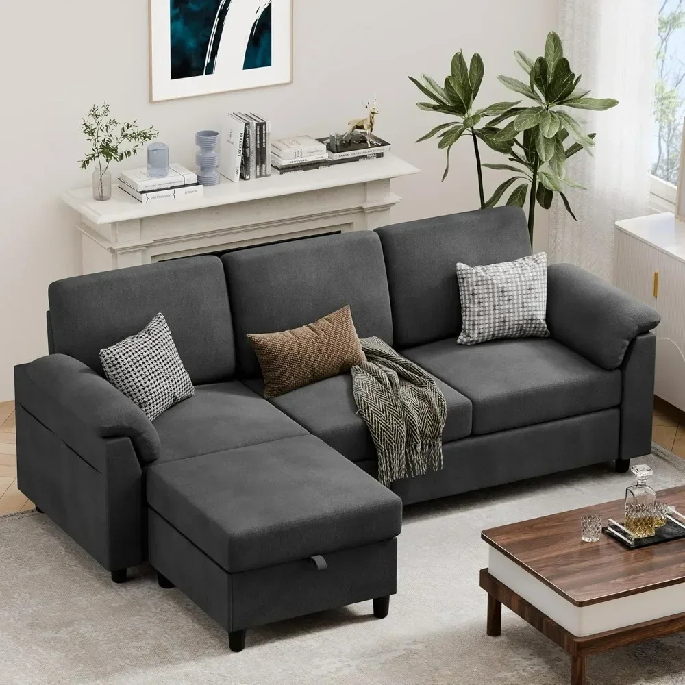 

79" Convertible Sectional Couch Sofa with Storage Ottoman, 3 Seat L Shaped Couch with Side Storage Pockage, Linen Fabric