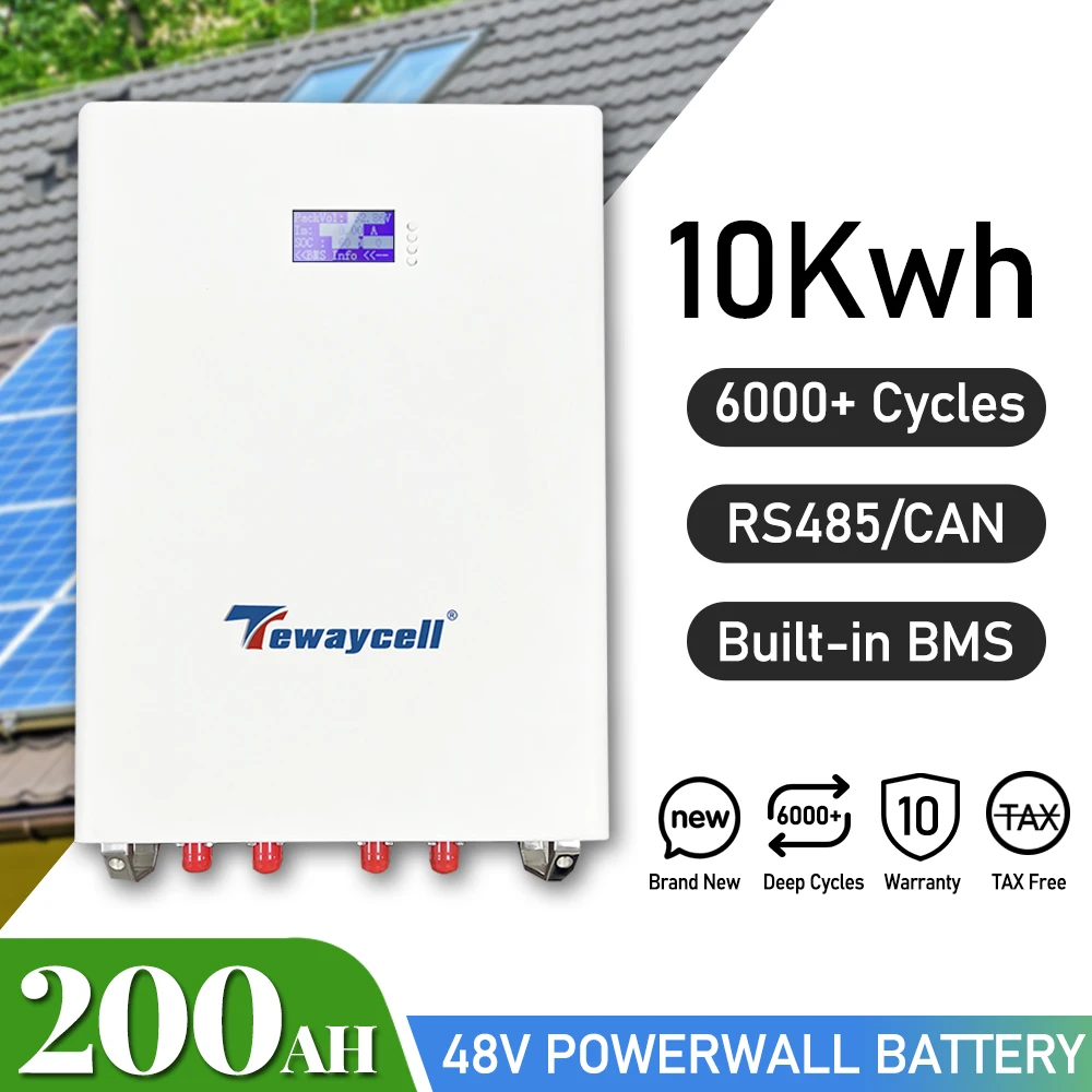 

Tewaycell 48V 200Ah Powerwall 10KWh LiFePO4 Battery Pack With RS485 CAN 6000 Cycles Built-in BMS Solar System US EU NO TAX