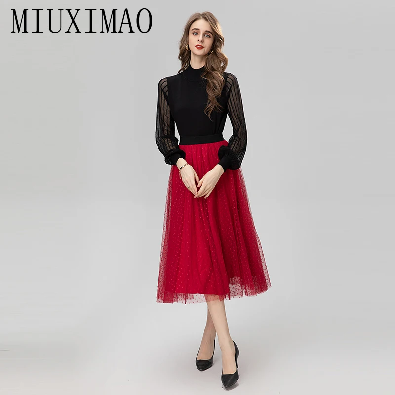 

MIUXIMAO 2023 High Quality Spring Summer Elegant Set Knitted Shirt + Gauze Skirt Fashion Two Piece Set Women Vestide