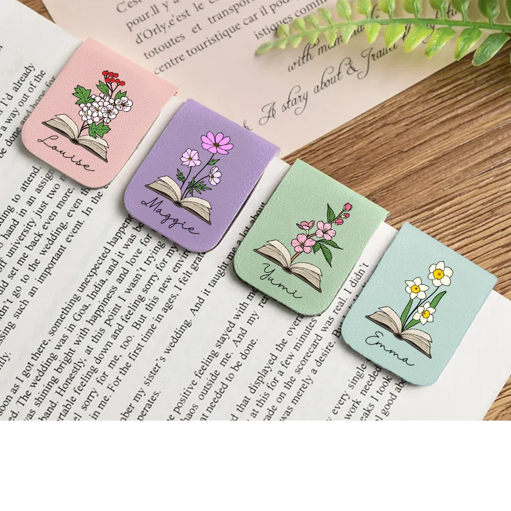 1 قطعة إشارة مرجعية اسم مع زهرة الشهر ، إشارة مرجعية مخصصة من الجلد لشهر زهرة الشهر ، إشارة مرجعية مغناطيسية شخصية ، هدية عيد ميلاد لمحبي الكتب