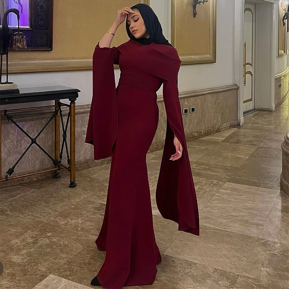 

Modest Evening Dress Burgundy O Neck Cape Full Sleeves Mermaid Evening Gowns for Women 2025 Trumpet Simple Formal Party Dresses