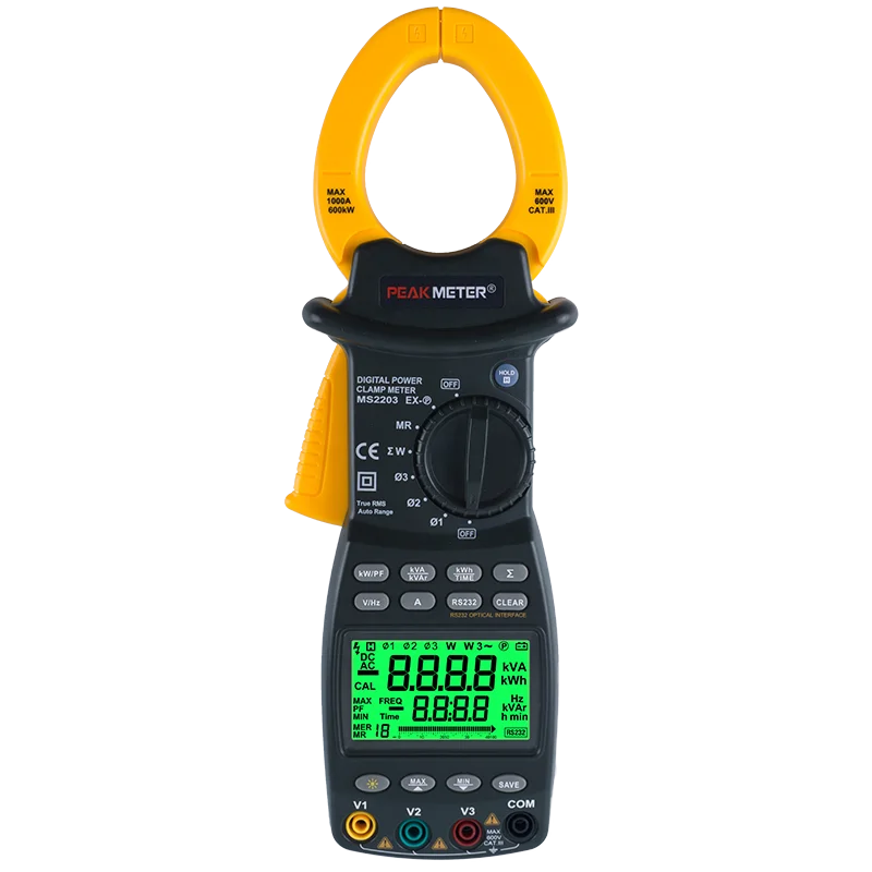 Peakmeter PM2203 Power Meter Clamp Three Phase Digital T RMS Measurement RS232 Certification Active Power Factor 50mm Jaw 600V