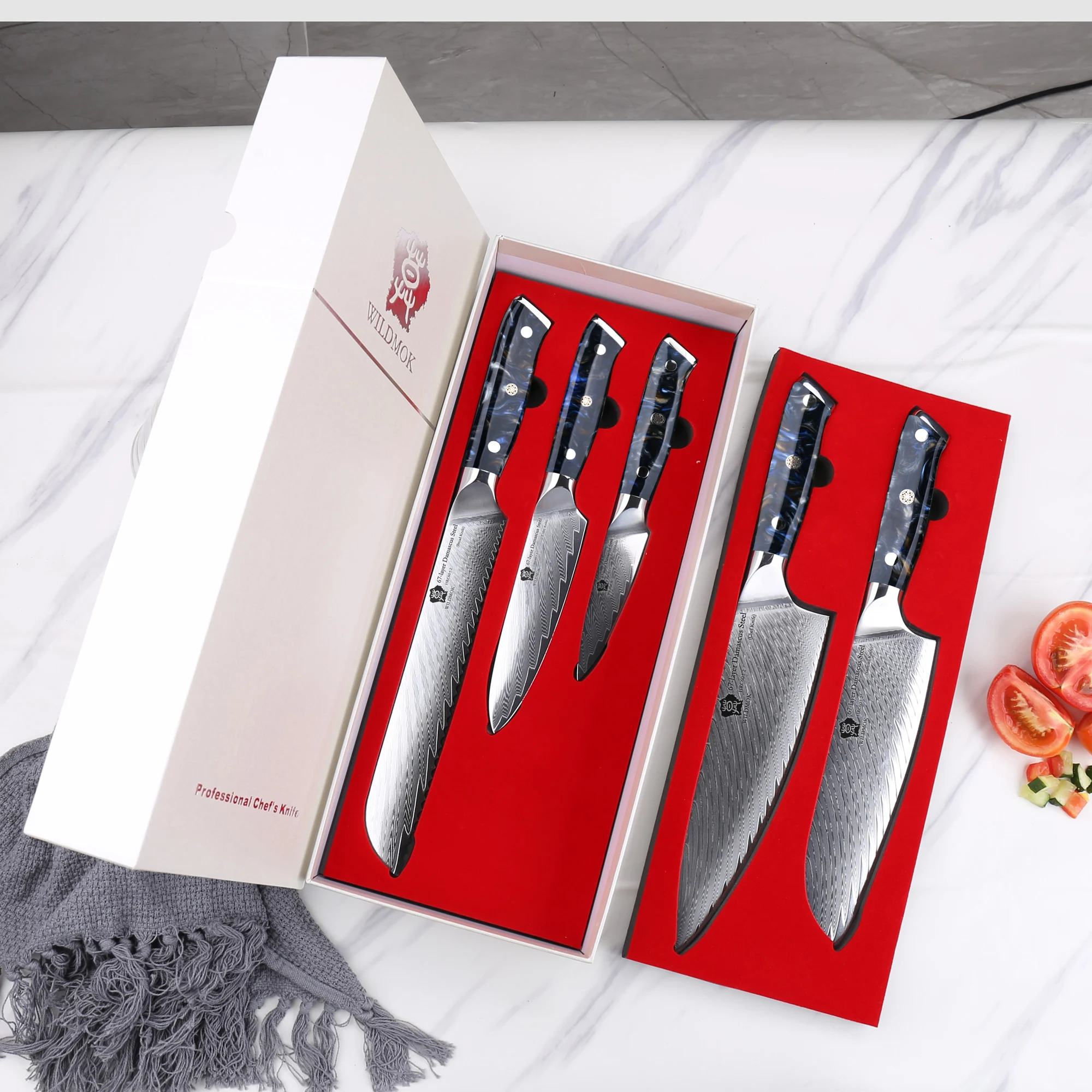 WILDMOK Damascus Knife Set 5 PCS, Professional Chef Knife Set 5 PCS Kitchen Knives & Resin Handle with Elegant Gift Box