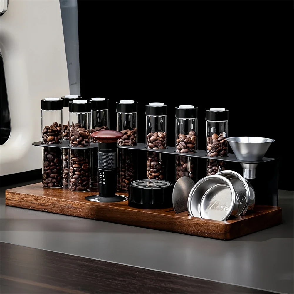 

Coffee Storage Set Espresso Tamping Station Wooden Coffee Bean Storage Display Stand With 8 Tubes Sealed Coffee Bean Container