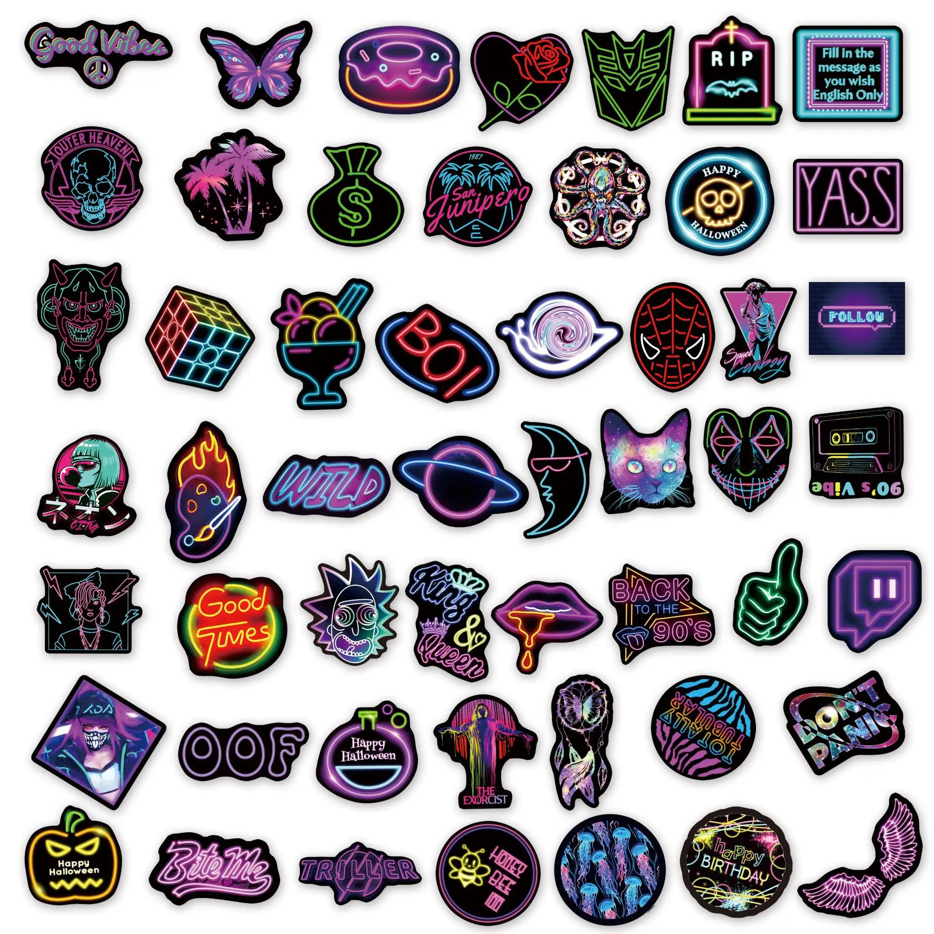 10/30/50/100Ps Cartoon Neon Light Stickers for Motorcycle Laptop Luggage Phone Cool Waterproof Decals Sticker Classic Kids Toy