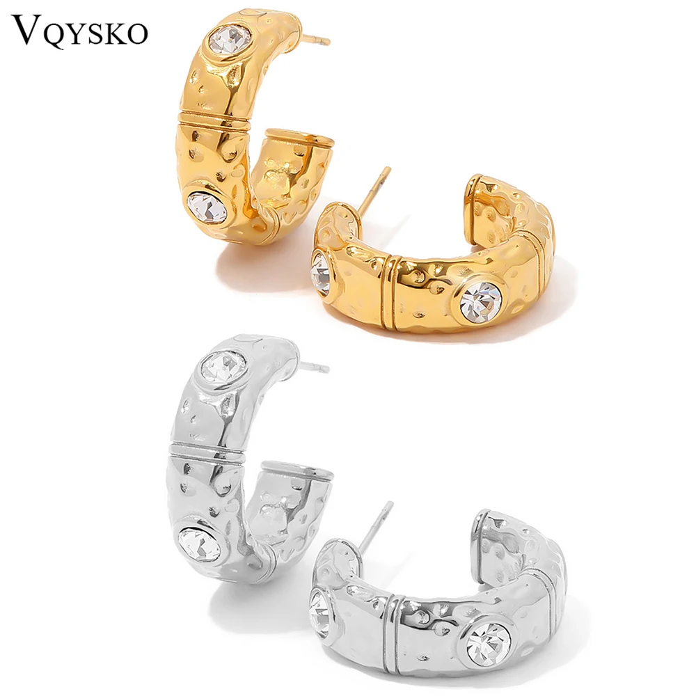 Vqysko weiß zirkon c-förmige textur edelstahl ohrringe robuste retro ohr stecker frau schmuck geschenke für sie