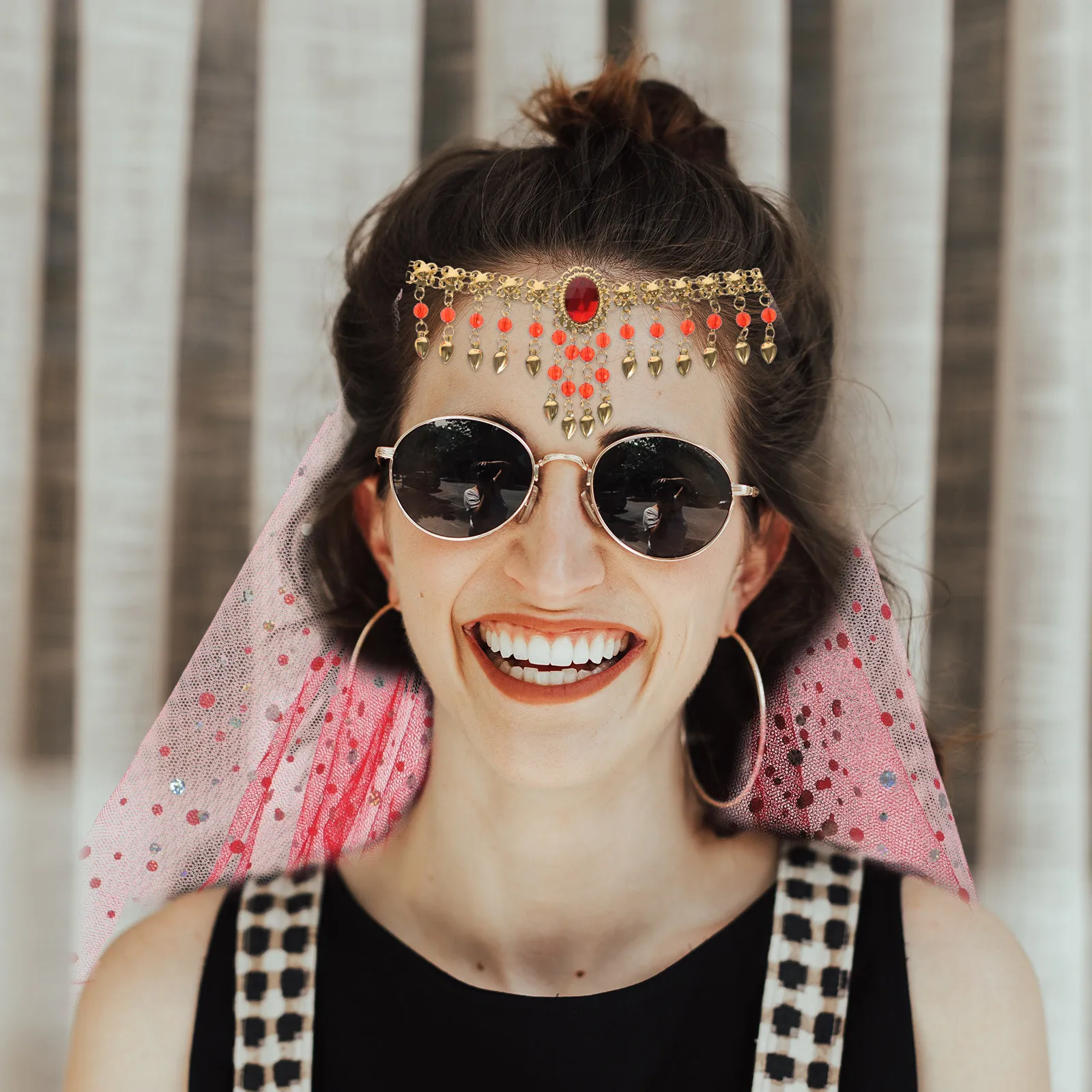 1セットヘッドピースベールセットエスニックダンスアクセサリー軽量エキゾチックフェイスベールベリーダンスパフォーマンスコスチュームパーティー用