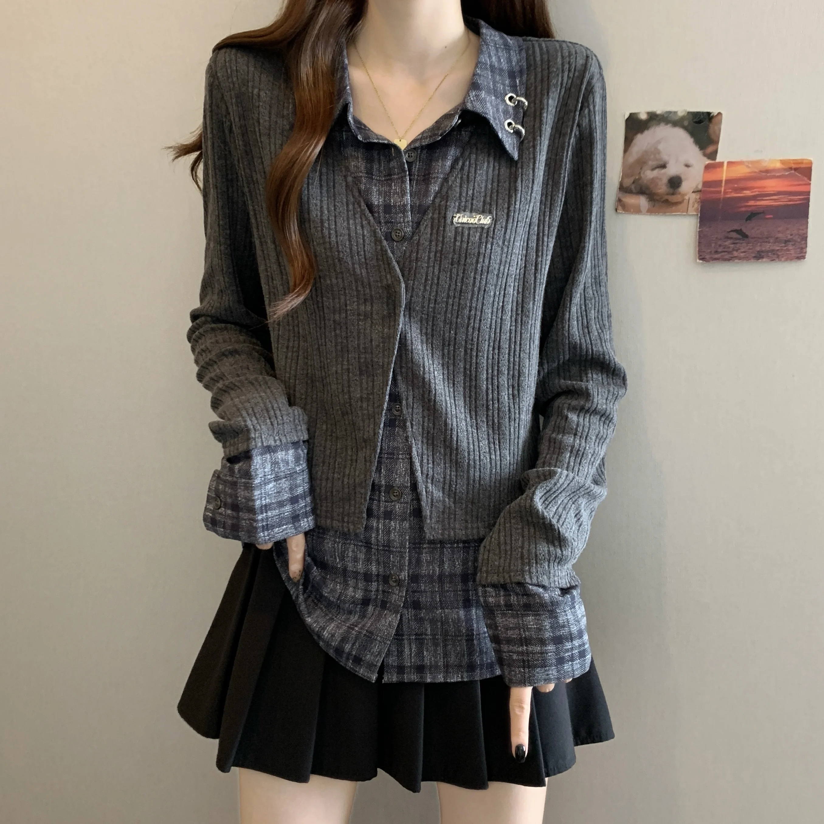 

Плюс размер, осенняя новая клетчатая двухсекционная длинная свековая модная универсальная футболка для похудения для женщин больших размеров