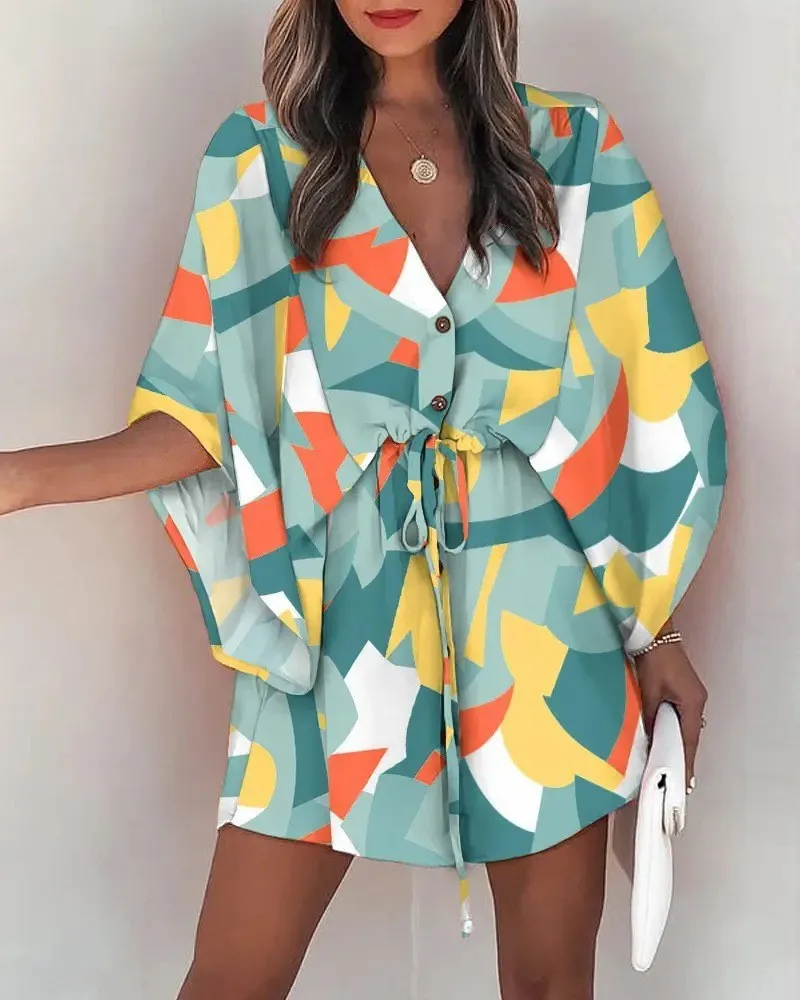 Women Printed Beach Wear Blouse Dress Vacation Lace-up High Waisted Long Dresses Loose Bikini Sunscreen Coverup Summer Clothing