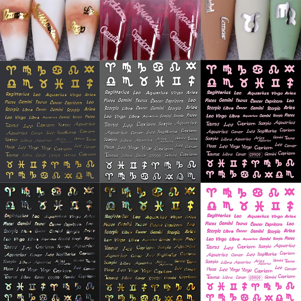 12Pcs Naklejki na paznokcie z literami zodiaku 3D Złoto Srebro Różowa Gwiazda Księżyc Serce Naklejki na paznokcie 12 konstelacji Angielskie litery Samoprzylepne ślizgacze