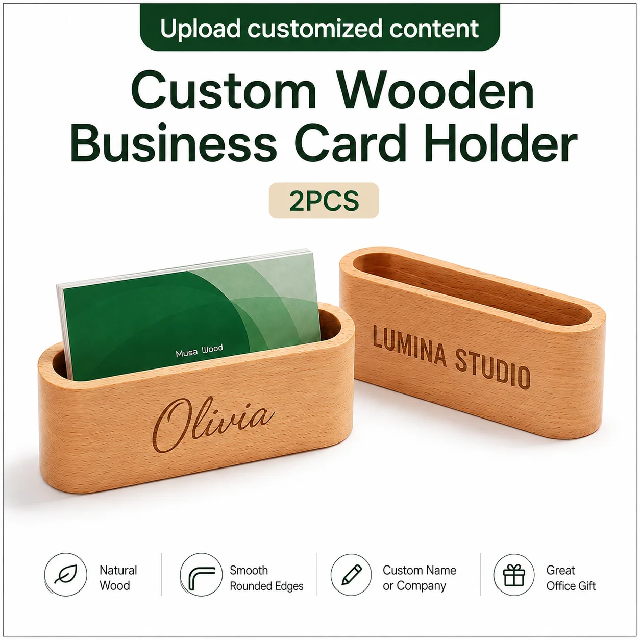 2Pcs Custom Wooden Business Card Holder, Creative Desktop Large-Capacity Display Card Holder with Customizable Names, Phone Numbers, and Company Names, Made of Solid Beech Wood, Can Be Used as Party Favors or Company Business Card Holder, Available for Uniform Customization and Exclusive Design