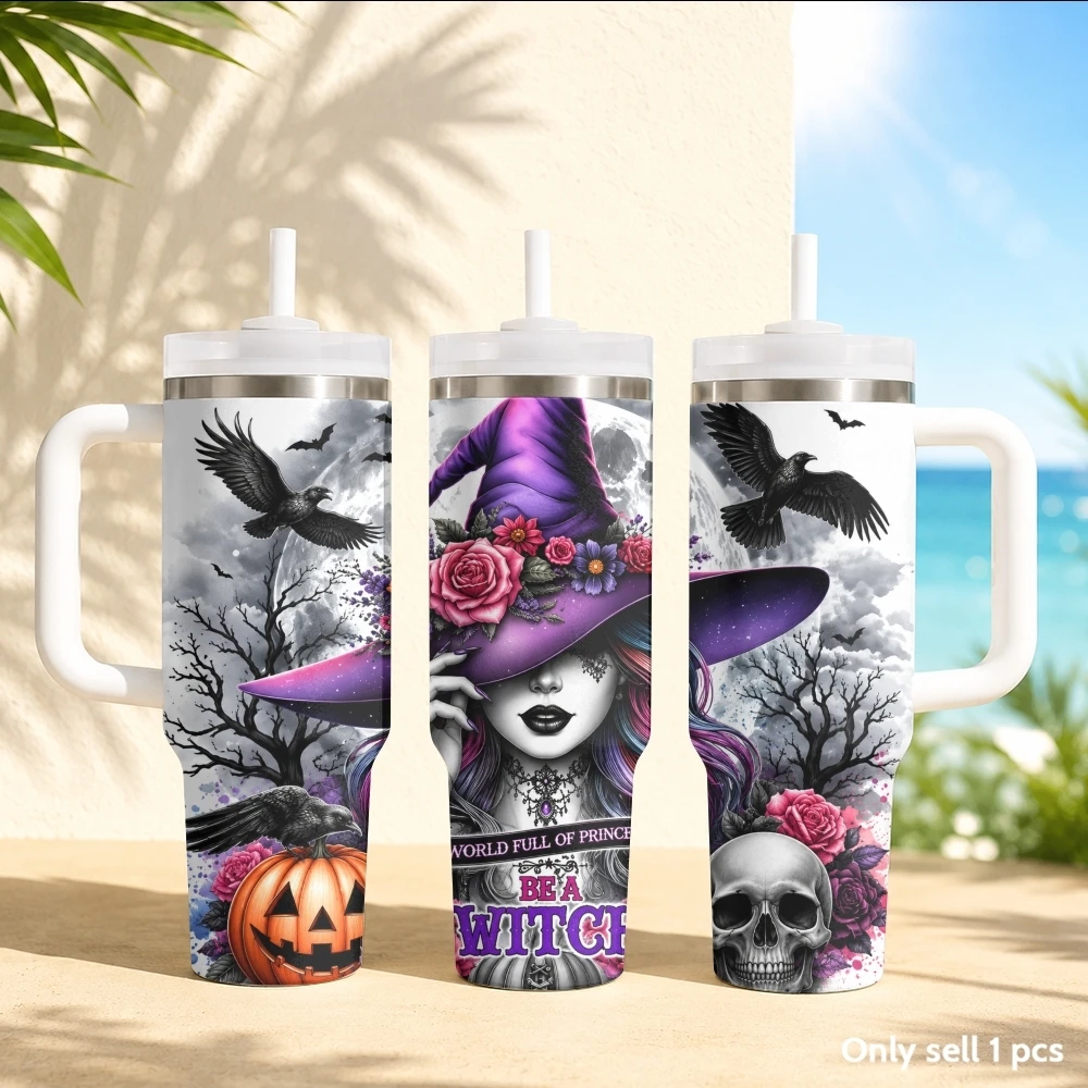 Classic Halloween Witch Vacuum Flasks 40oz Stainless Steel Insulated Tumbler with Handle & Straw Leakproof Travel Mug