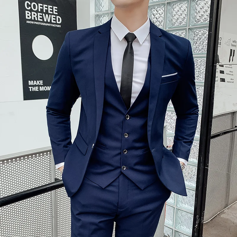 High-quality Men\'s Solid Color Suit (suit + Vest + Trousers) The New Fashion and Handsome Banquet Smart Casual 3/2 Piece Set