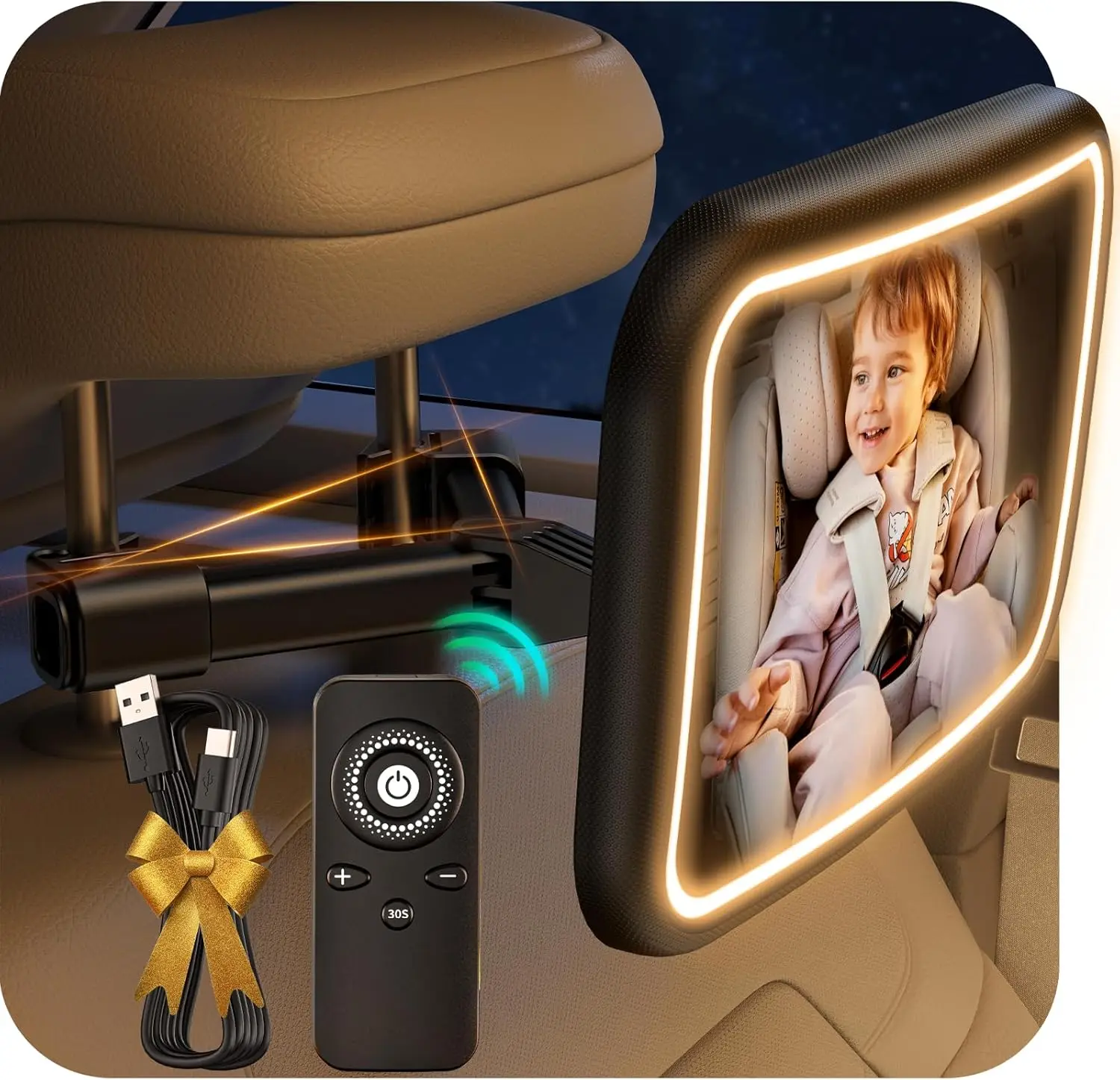 

Rechargeable Baby Car Mirror with Light, ShatterProof Crystal Clear Design for Rear Facing Seats, Includes Remote and 10ft Cable