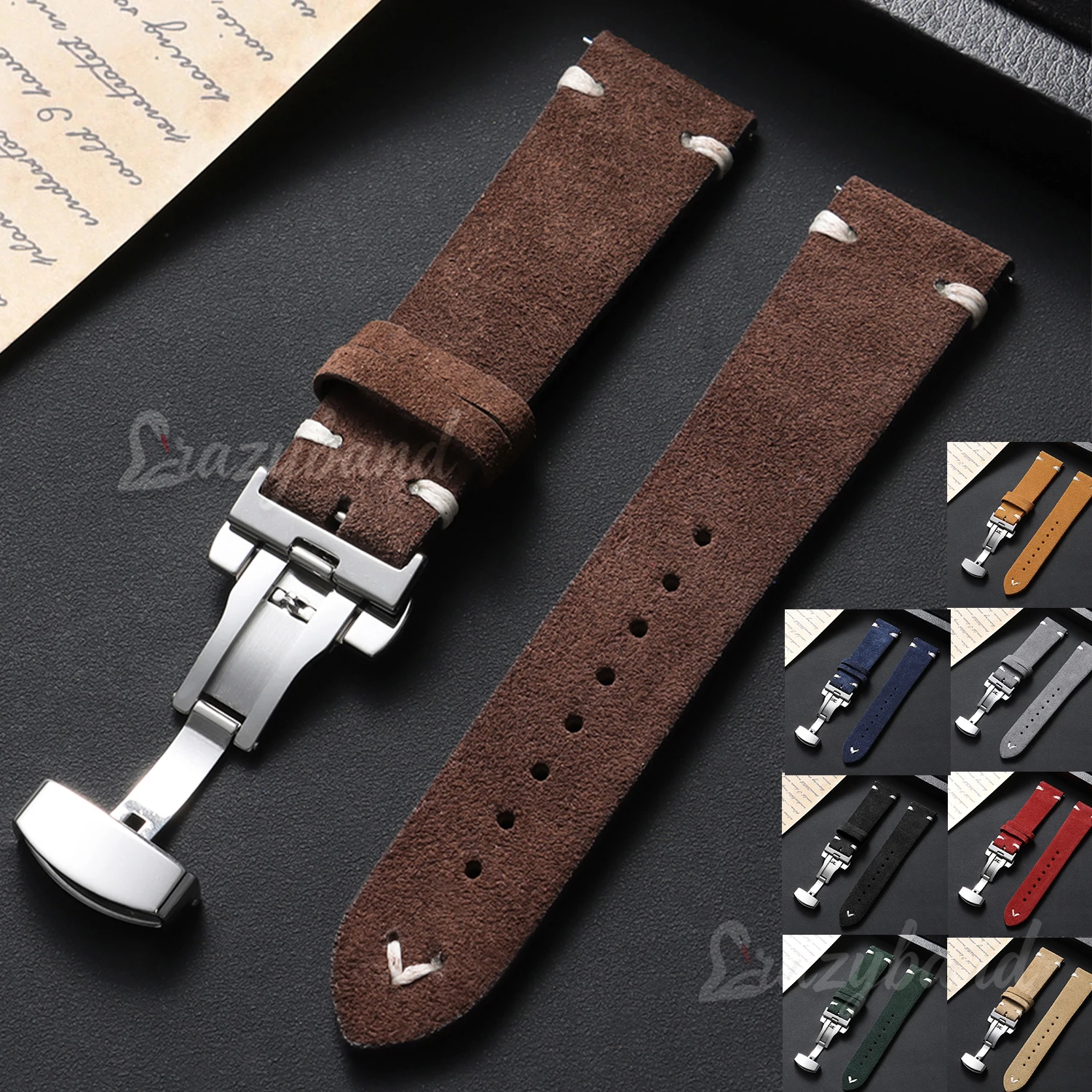 Wildleder-Uhrenarmband aus Rindsleder mit Schnellverschluss 18mm 20mm 22mm Universelles Handgefertigtes Gesticktes Armband mit Schmetterlingsverschluss Braunes Lederarmband