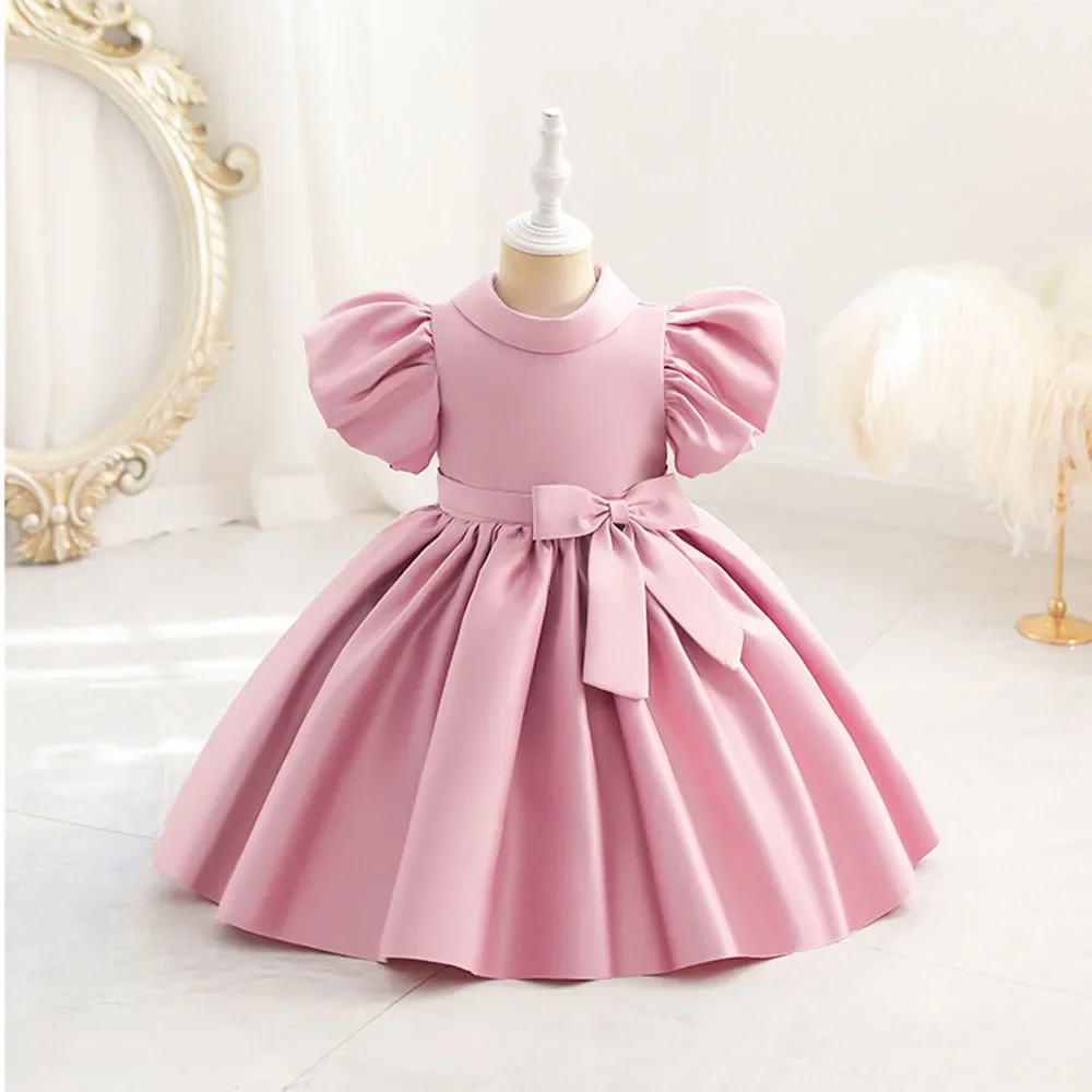 Vestido de fiesta de princesa para niñas pequeñas, ropa de satén con manga abullonada, vestido de boda para niños pequeños de 1 a 6 años, color rosa, Verano