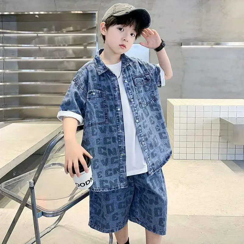 

Children's Summer Set 2025 New Mid sized Children's Denim Short Sleeved Shirt Denim Shorts Two piece Set