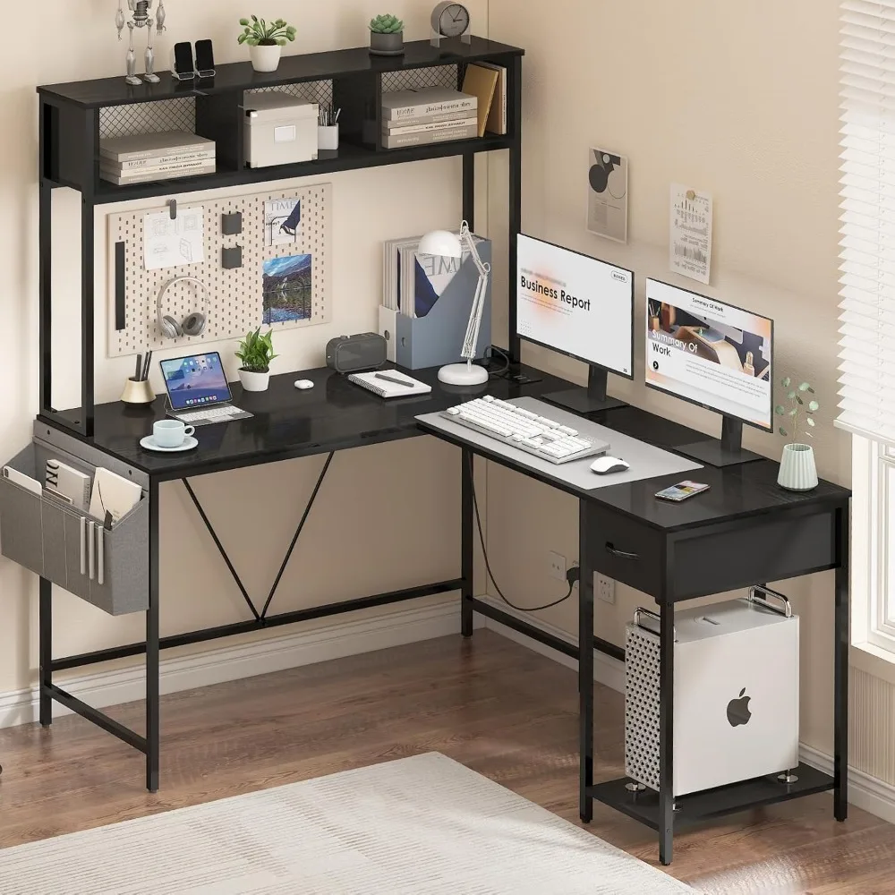 

L Shaped Desk Gaming Desk with LED Strip & Power Outlet, Reversible L-Shaped Computer Desk with Storage Shelf & Drawer,