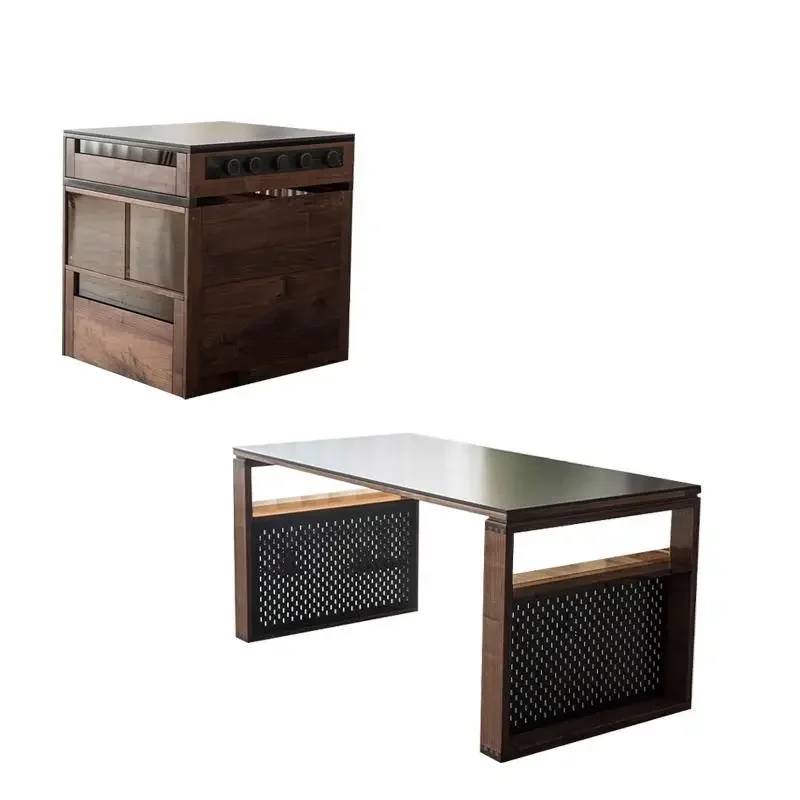 Island dining table integrated retractable combination simple retro black walnut slate kitchen locker