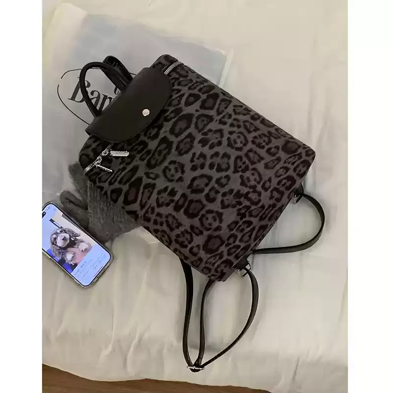 Miyagawa Faux Suede Leopard Print Large Capacity Bag for Women 2024 New Korean Backpack Casual Hand-held Bucket Bags