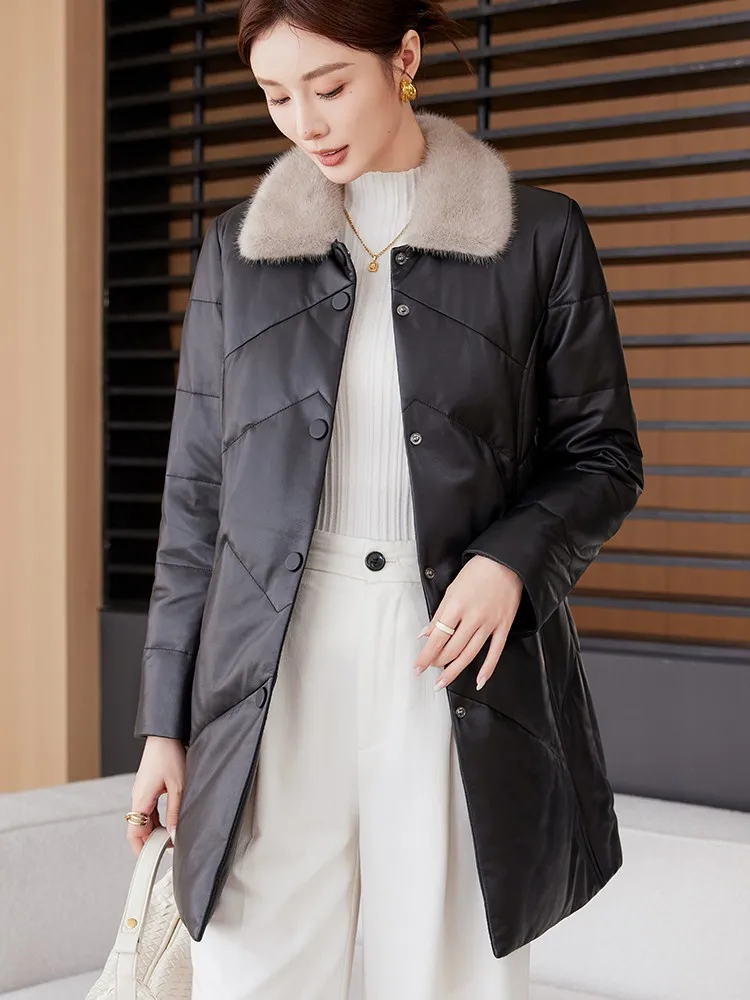 الشتاء النساء واحدة الصدر جلد طبيعي أسفل سترة فرو المنك طوق سليم صالح ملابس خارجية جلد الغنم الحقيقي منتصف طويلة معطف السيدات #3