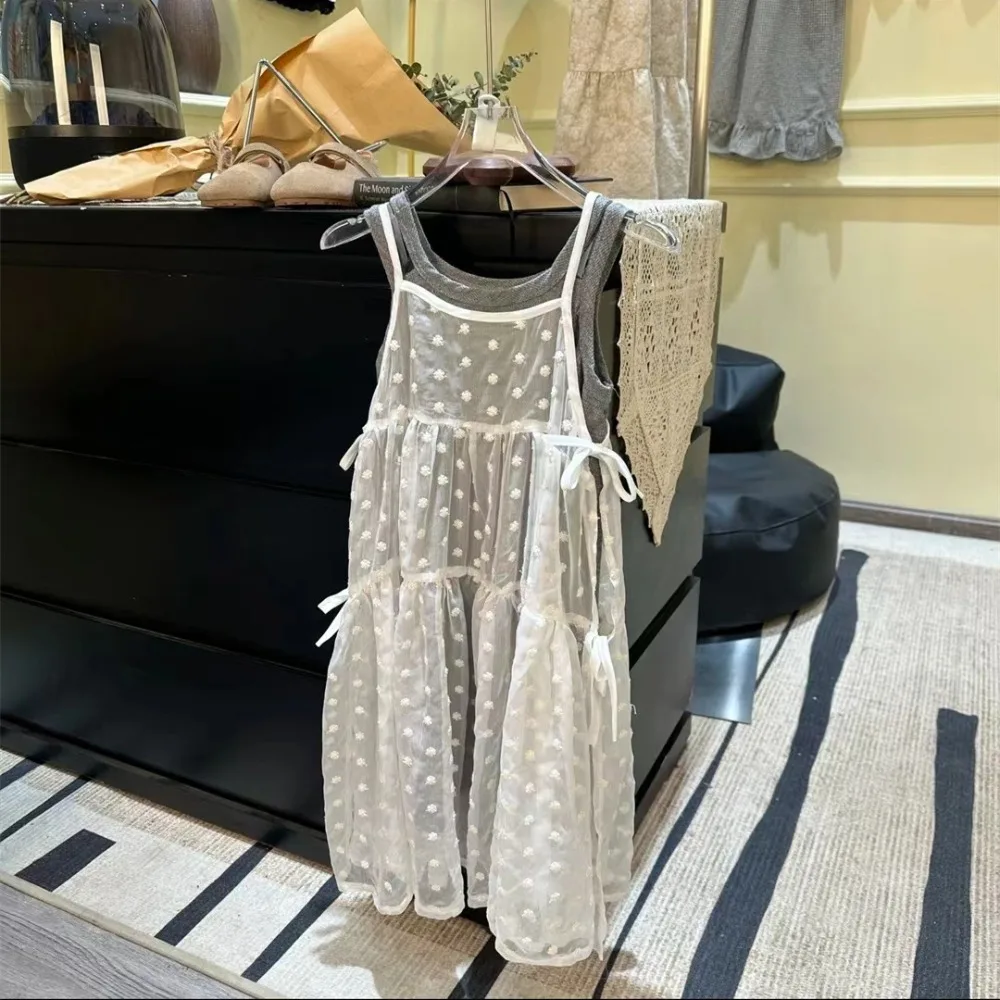 

Girls Set Korea Style 2024 Summer New Solid Color Sundress Smock Lace Two Piece Set Simple Baby Fashion Kids Summer Clothes