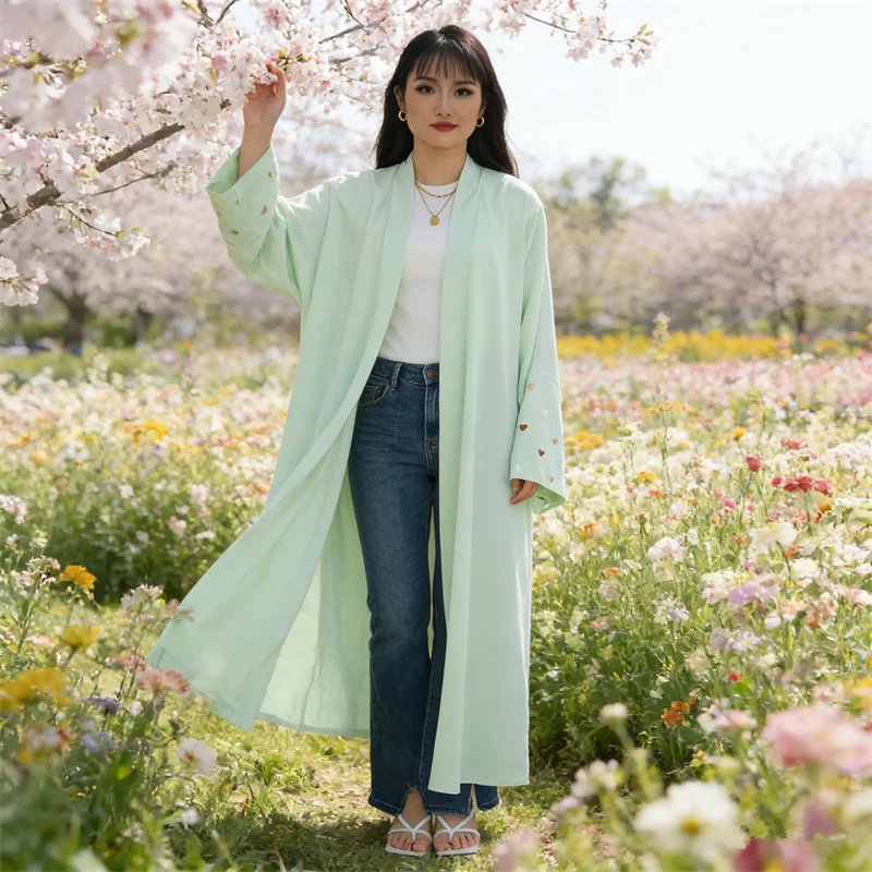 

Праздничное платье для женщин: Абайя с вышивкой в форме сердца, Дубай, Турция, Кафтан, Мусульманское платье, Кимоно, Кардиган, Арабская кебая, Марокканский кафтан, Женская роба