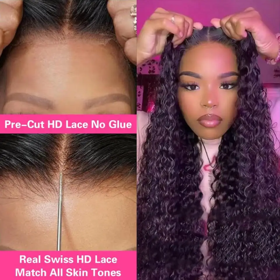 5x5 Glueless Deep Wave Ready to Wear Lace Closure Wigs Human Hair Pre Plucked 6x4 Curly Brazilian Transparent Lace Frontal Wigs