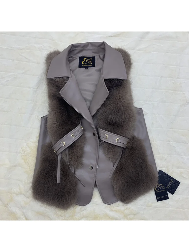 ヨーロッパ系アメリカ人ファッション ハンサム フェイクファー PU スプライシングベスト 秋冬 エレガンス ラペル バイク ブラウン ノースリーブジャケット