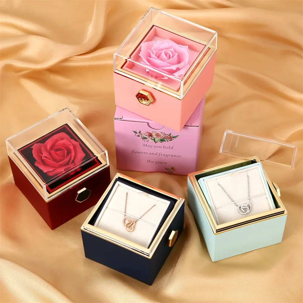 2024 New Valentine\'s Day Gift Custom for Women Double Heart Engraved Name Steel Necklace Eternal Rose Box Wedding Ring Box