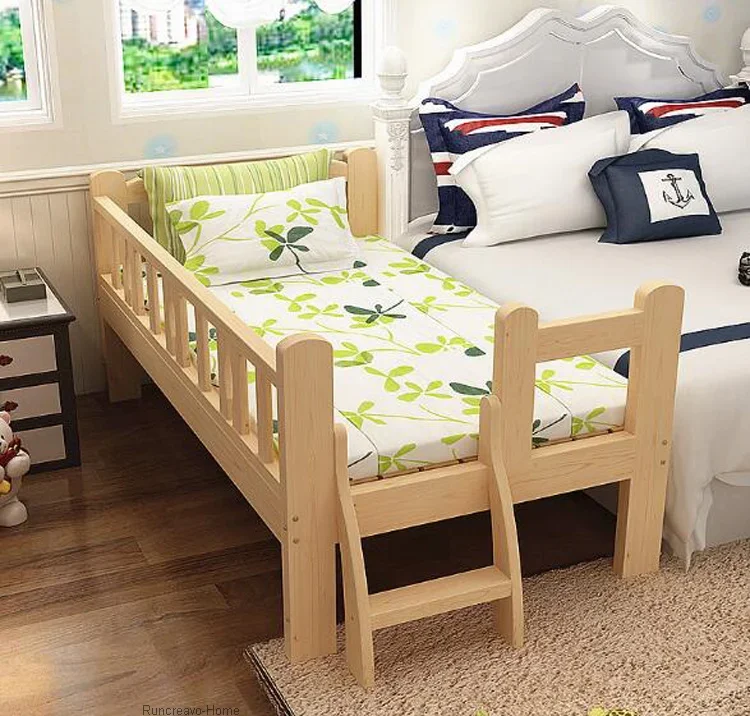 Solid Wood Children Beds with Guardrail Small Infant Bedside Single Widening Splicing Kids Bed No Mattress