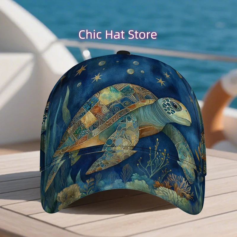 1pc Sea Turtle in Ocean Print Snapback - Lightweight Adjustable Duckbill Cap Suitable for Daily Wear & Christmas, Marine-Themed