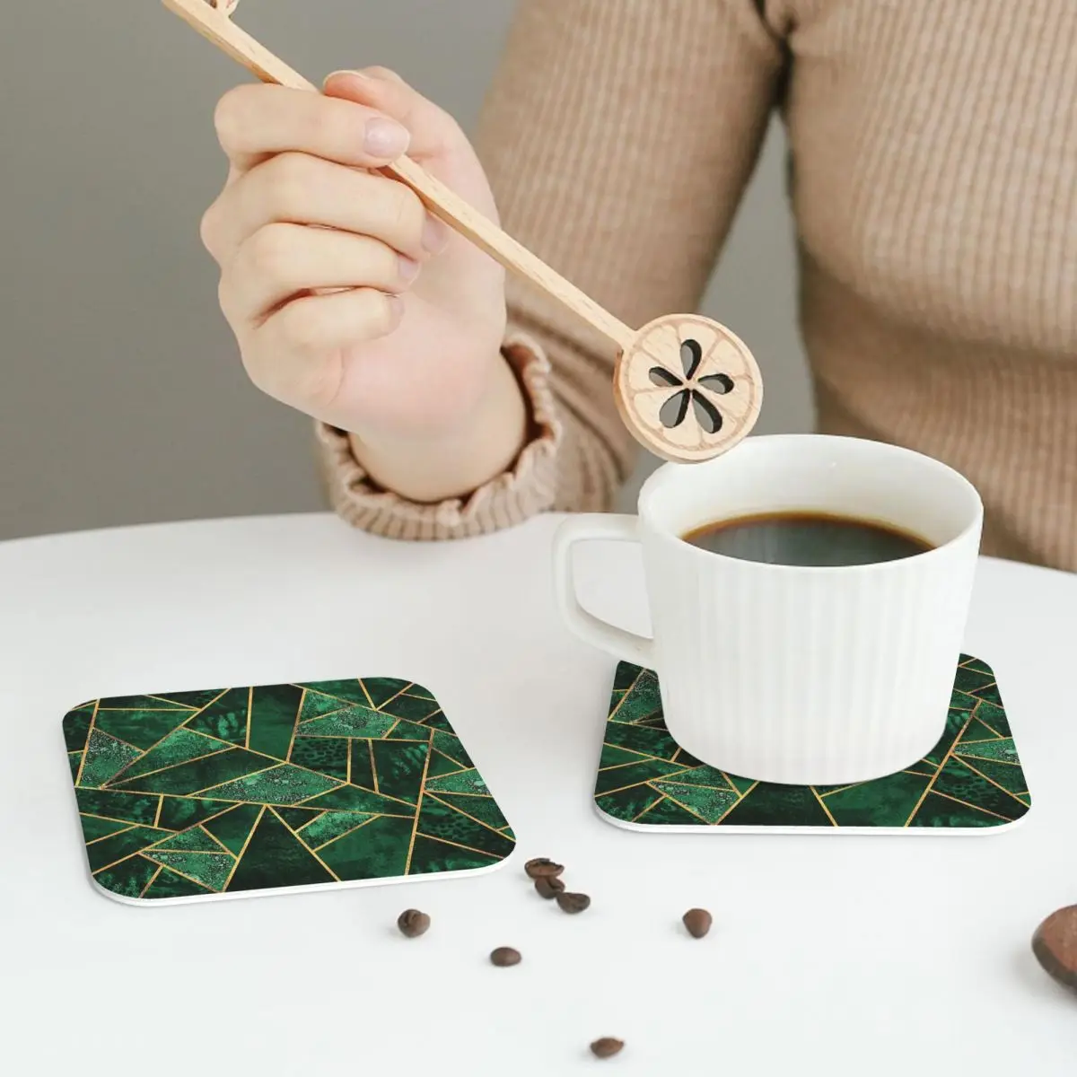 Deep Emerald Coasters PVC Leather Placemats Waterproof Insulation Coffee Mats for Decor Home Kitchen Dining Pads 4 Shapes