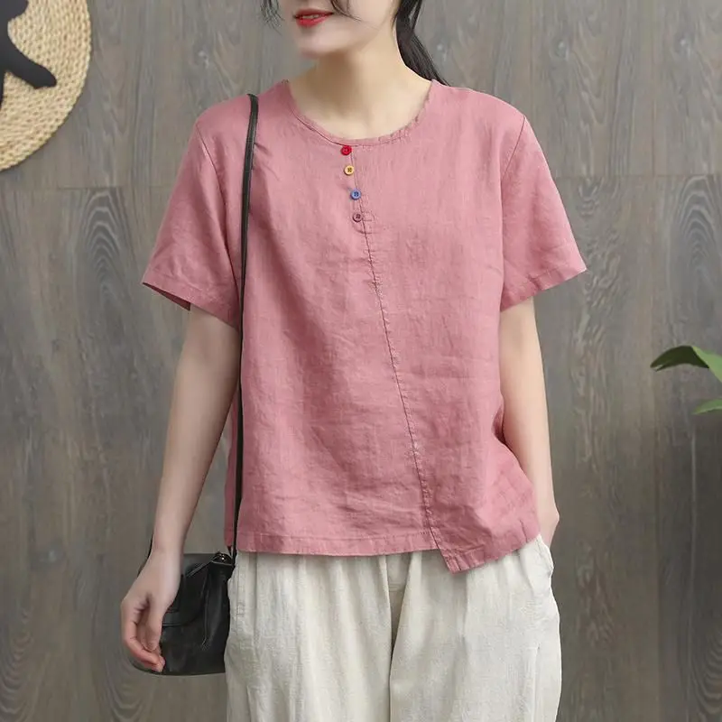 เสื้อยืดผ้าฝ้ายลินินสไตล์เรโทร ปักลาย สวมใส่สบาย ทรงหลวม สำหรับผู้หญิง ลำลอง แฟชั่นใหม่ ฤดูร้อน ดีไซน์ศิลปะ ทรงหลวม ไซส์ผู้หญิง...