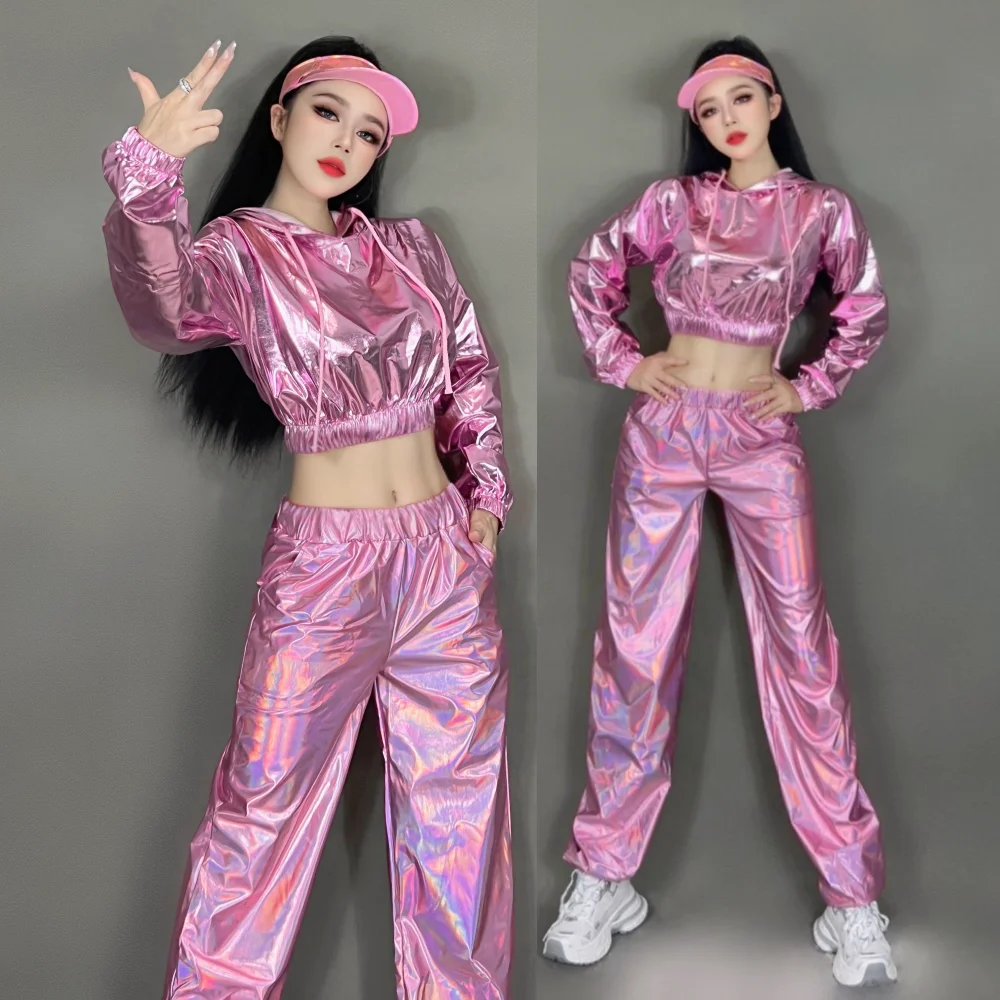 Bright Leather Symphony Laser Hooded Long-sleeved Top, Elastic Waist Hip-hop Sports Trousers Table, Performance Suit Set
