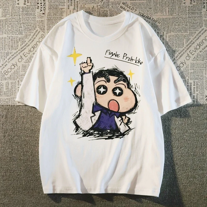 Heavyweight Pure Cotton Japanese Retro Crayon Shin-chan Print Short-sleeved T-shirt for Men Kids, Summer Trendy Loose-fitting