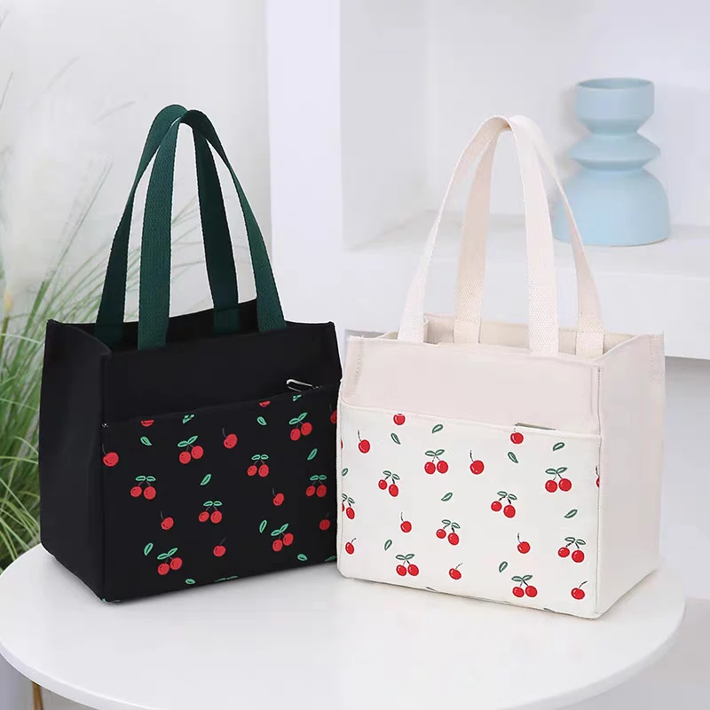 Simple Cherry Print Pattern Large Capacity Versatile Handbag Office Worker Lunch Bag Commuter Bento Tote Bag