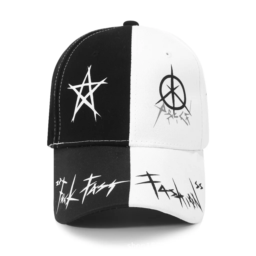 Women\'s versatile graffiti hat with black and white patchwork duck tongue hat, summer baseball hat, men\'s pentagram sun hat tren