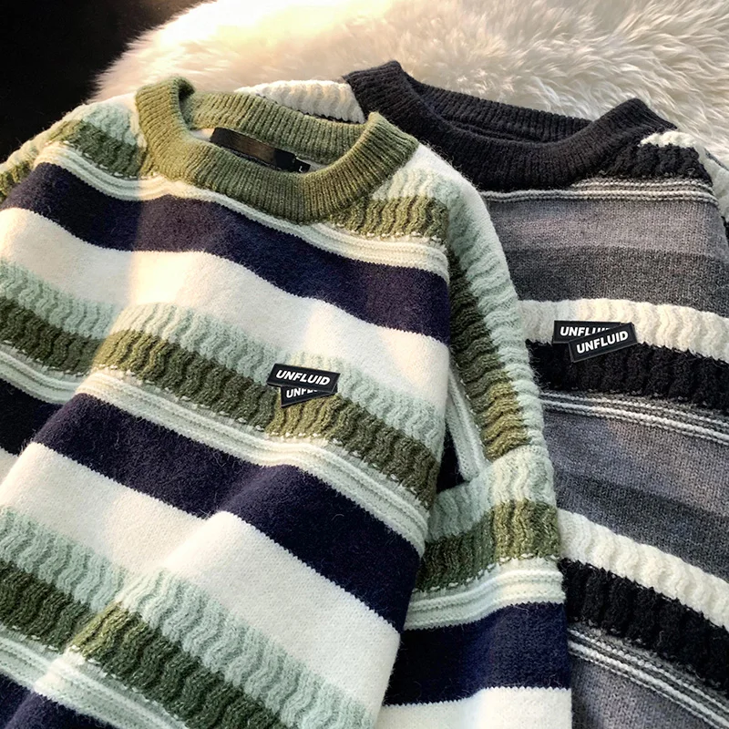

Trendy American Hiphop Striped Knitwear Men's Loose Fit Winter Casual Long Sve round Ne Top Comfortable Lazy Sle Faion