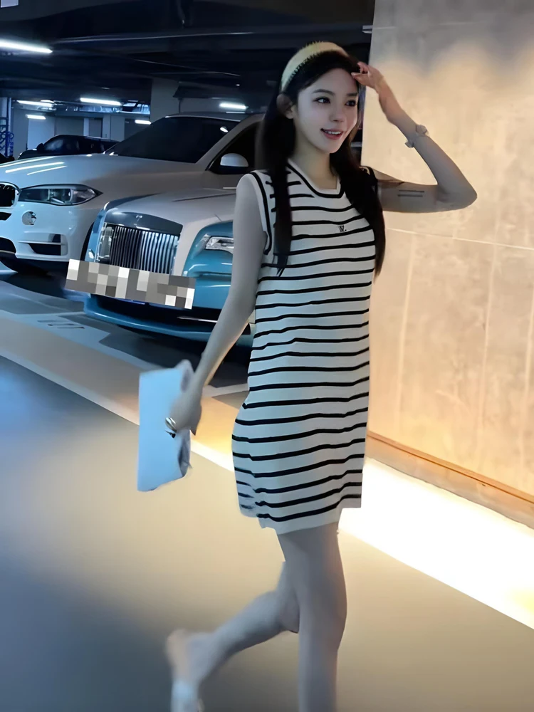 Coreano Sle transpirable adelgazante redondo Ne Svel Dr patrón de rayas ligeras Faionable mujer verano Dr