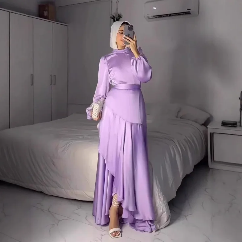 Temperament Rüschen Unregelmäßiges Kleid Muslimischen Satin Oansatz Hohe Taille Abendkleid Elegante Laterne Hülse Einfarbig A-linie Kleid