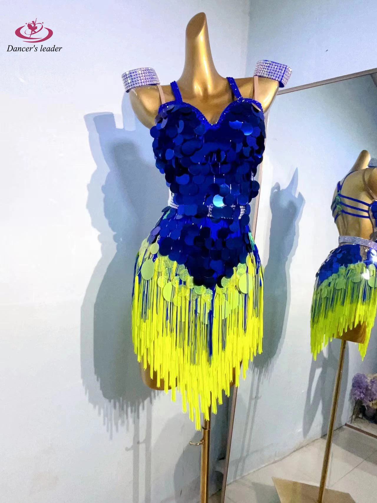 Latin Dance International Stage Women's High-end Custom Blue Sequin Stitching Tassel Samba Rhinestone Performance Costume dress